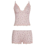 Pink Lace Floral Above Knee Pajama Set Sleeveless Camisole & Fitted Shorts Eco - Friendly Comfort Loungewear - Zeprah