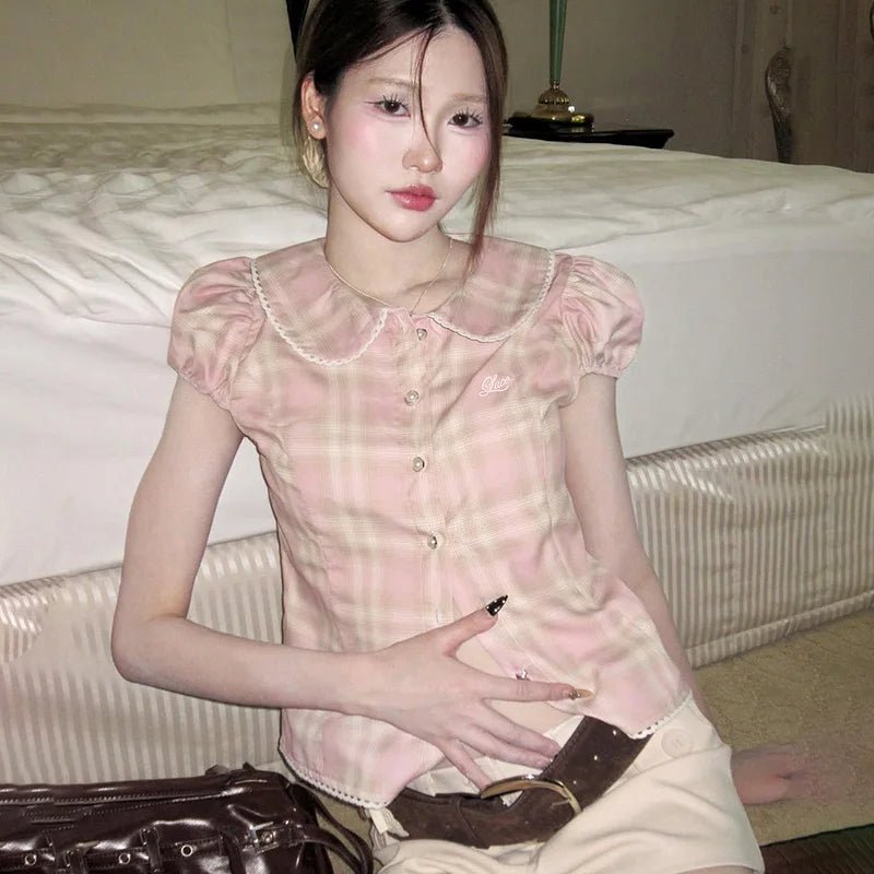 Pink Sweet Women's Blouse Cute Doll Style Hubble - Bubble Sleeve LAPEL Button Cardigan Plaid Pattern Skinny Summer Candy Color - Zeprah