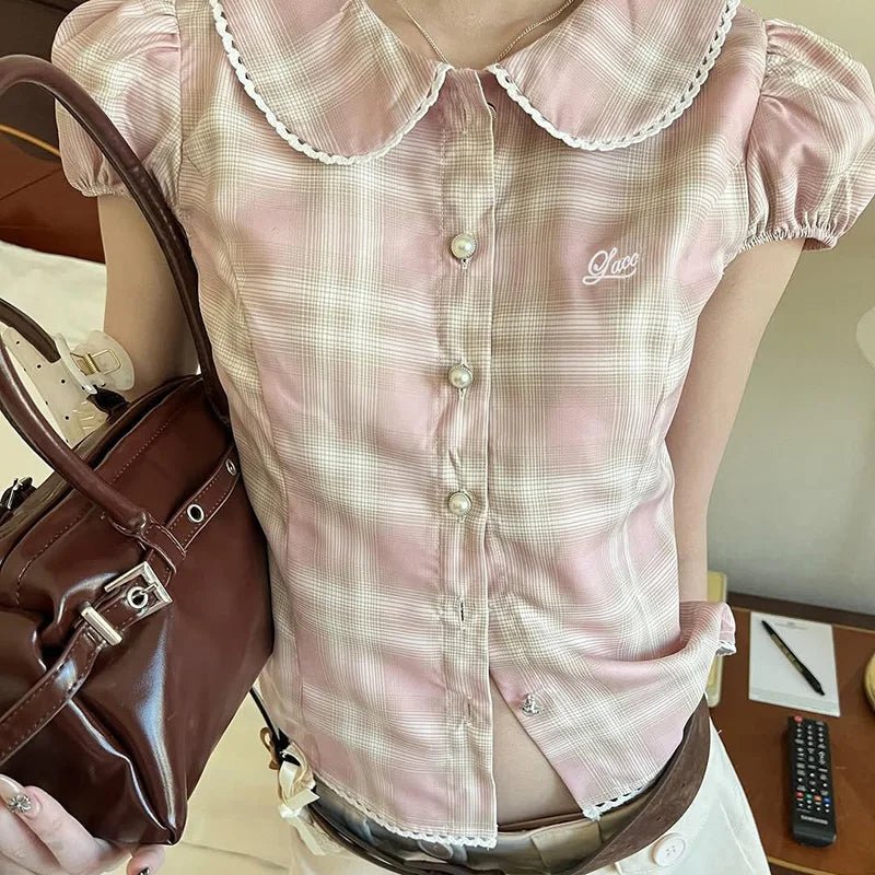 Pink Sweet Women's Blouse Cute Doll Style Hubble - Bubble Sleeve LAPEL Button Cardigan Plaid Pattern Skinny Summer Candy Color - Zeprah