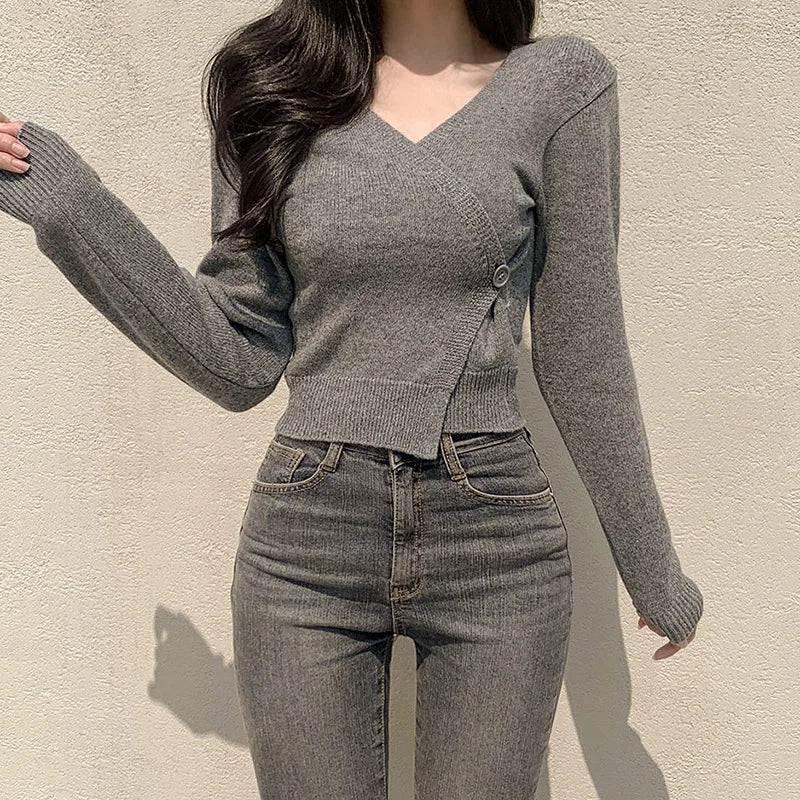Plain Versatile Base Sweater V - neck Short Knit Cardigan Slim - fit Long Sleeve Short Top - Zeprah