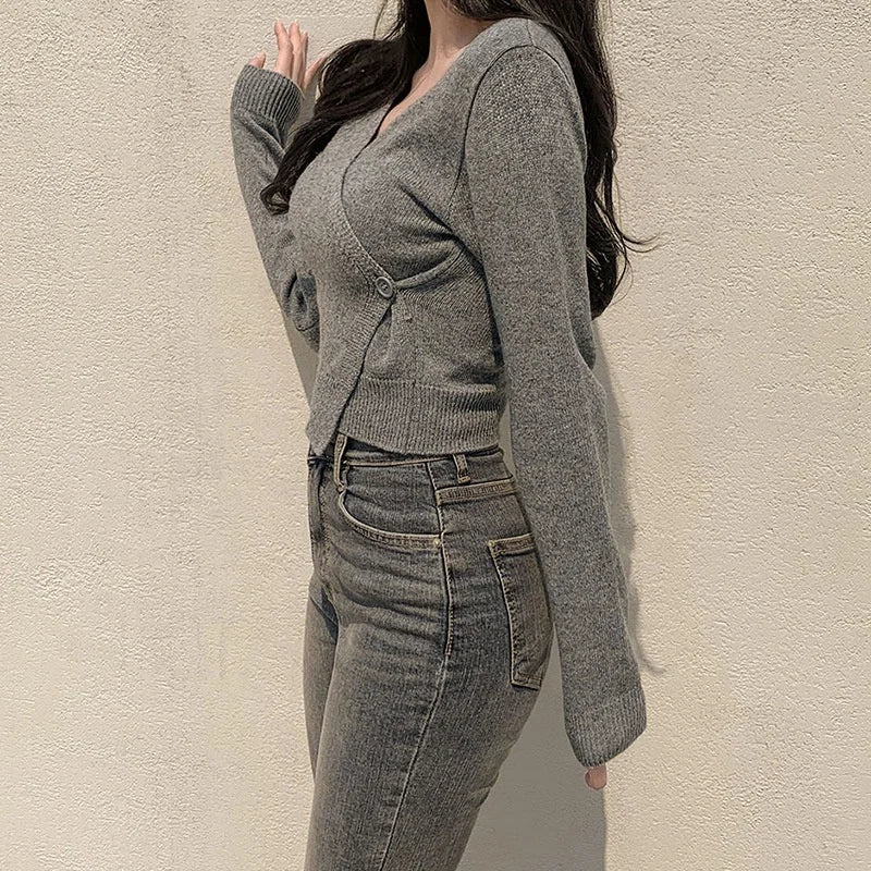 Plain Versatile Base Sweater V - neck Short Knit Cardigan Slim - fit Long Sleeve Short Top - Zeprah