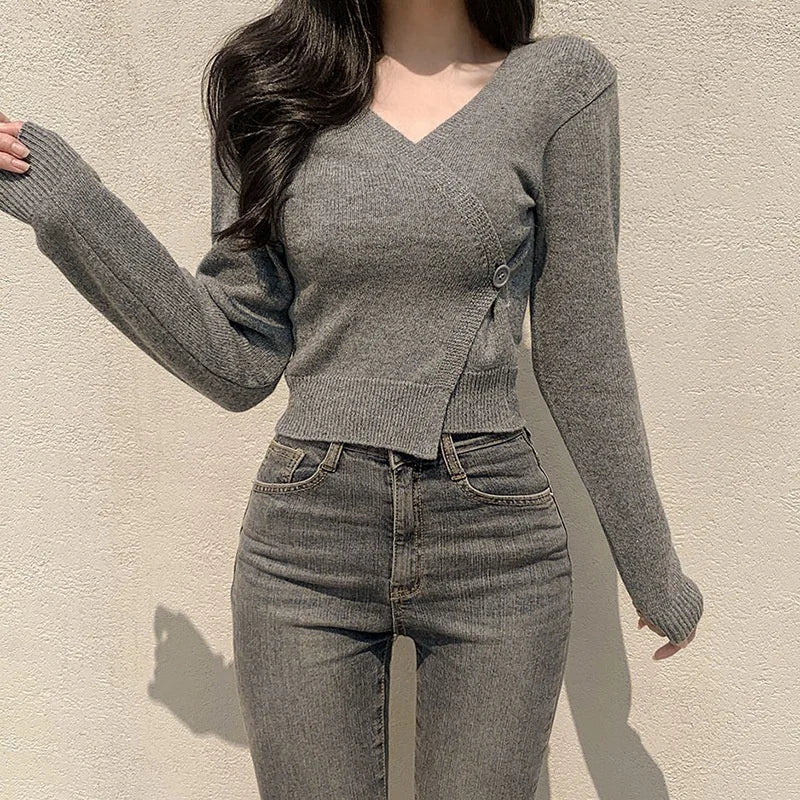Plain Versatile Base Sweater V - neck Short Knit Cardigan Slim - fit Long Sleeve Short Top - Zeprah