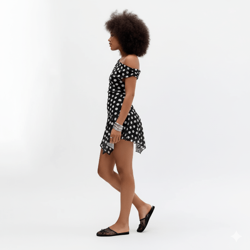 Playful Black & White One - Shoulder Polka Dot Mini Dress - Zeprah