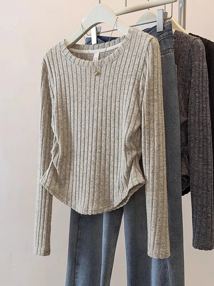 Pleated Long Sleeve Tops for Women Knitted Autumn and Winter New Design T-shirt Slim - fit Trendy Knitwear - Zeprah