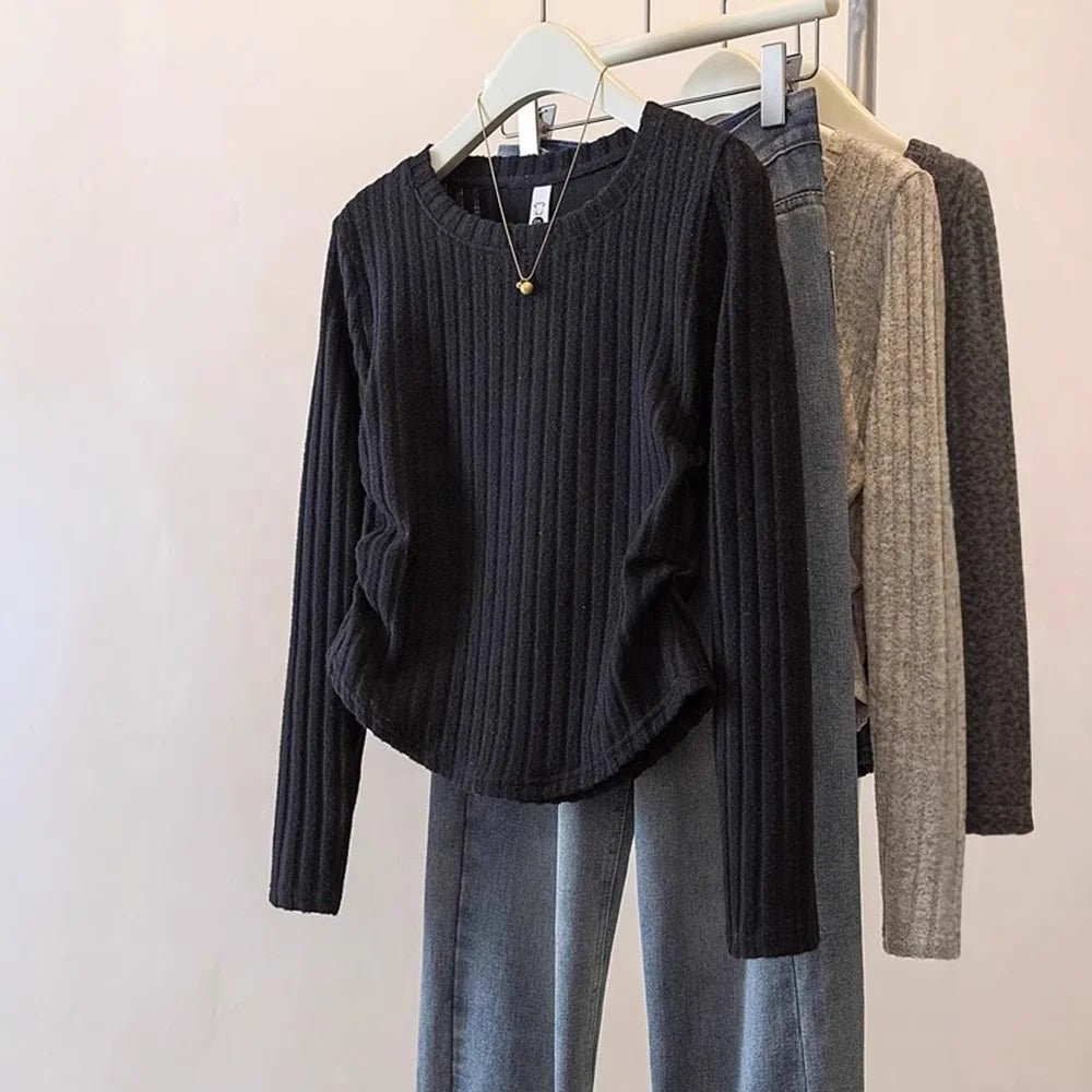 Pleated Long Sleeve Tops for Women Knitted Autumn and Winter New Design T-shirt Slim - fit Trendy Knitwear - Zeprah