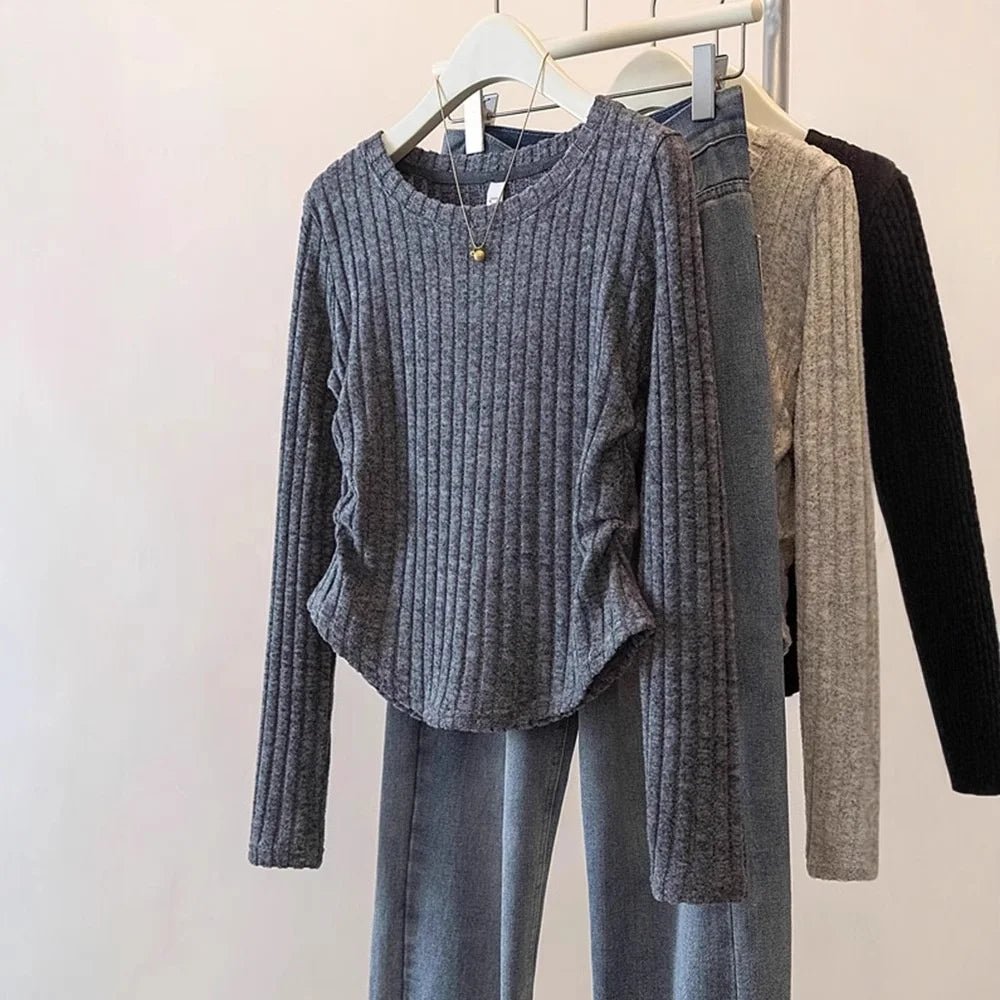 Pleated Long Sleeve Tops for Women Knitted Autumn and Winter New Design T-shirt Slim - fit Trendy Knitwear - Zeprah