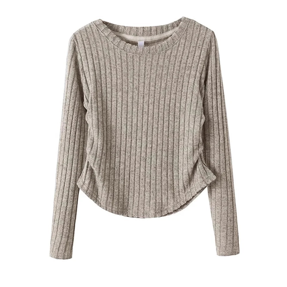Pleated Long Sleeve Tops for Women Knitted Autumn and Winter New Design T-shirt Slim - fit Trendy Knitwear - Zeprah