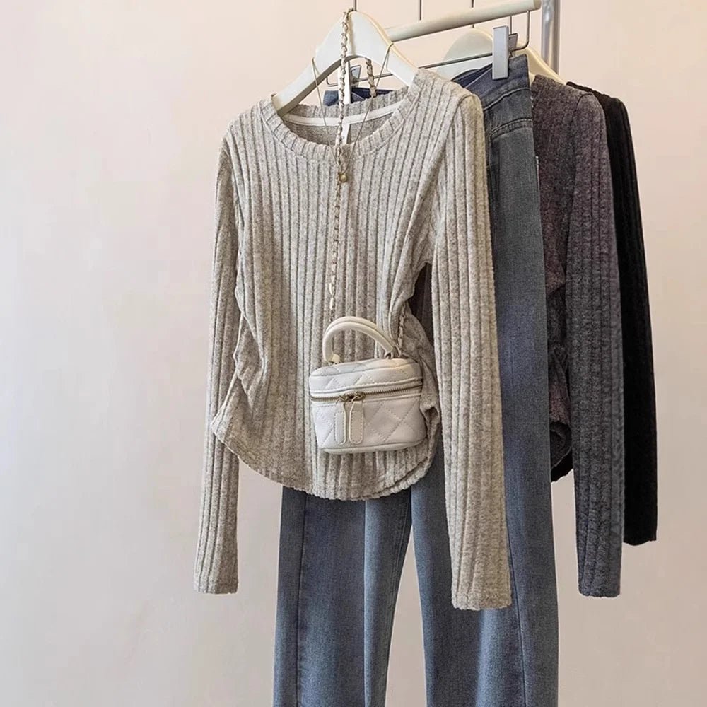 Pleated Long Sleeve Tops for Women Knitted Autumn and Winter New Design T-shirt Slim - fit Trendy Knitwear - Zeprah