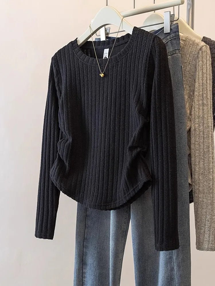 Pleated Long Sleeve Tops for Women Knitted Autumn and Winter New Design T-shirt Slim - fit Trendy Knitwear - Zeprah