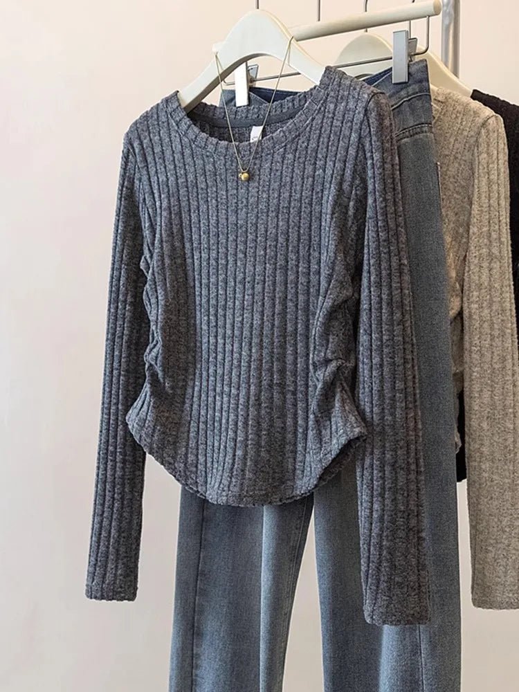 Pleated Long Sleeve Tops for Women Knitted Autumn and Winter New Design T-shirt Slim - fit Trendy Knitwear - Zeprah