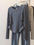 Pleated Long Sleeve Tops for Women Knitted Autumn and Winter New Design T-shirt Slim - fit Trendy Knitwear - Zeprah