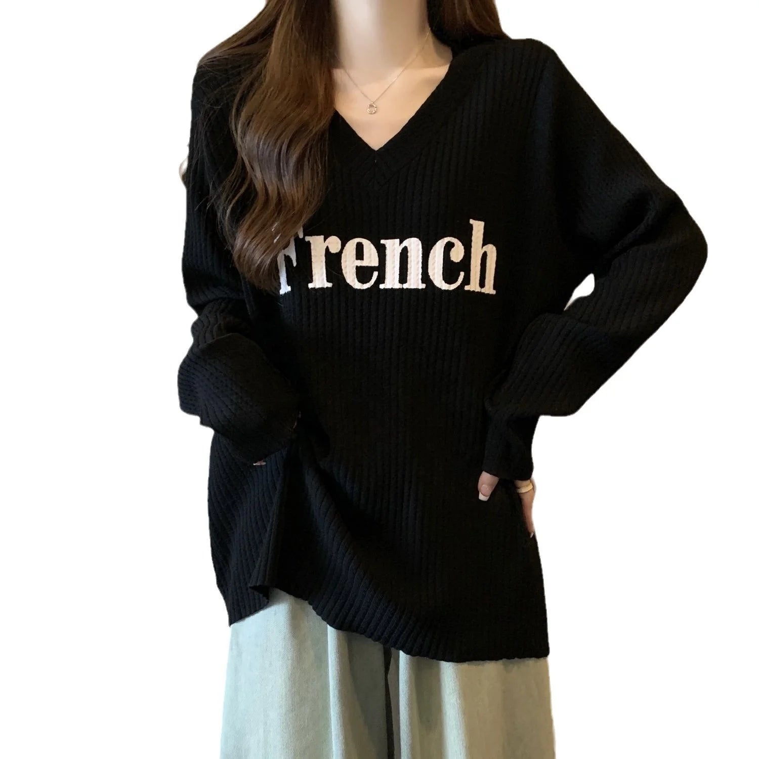 Plus Size 4XL Women's Early Autumn New T-Shirt Lazy V - Neck Loose Long - Sleeve Versatile Casual Mid - Length Fashion Top - Zeprah