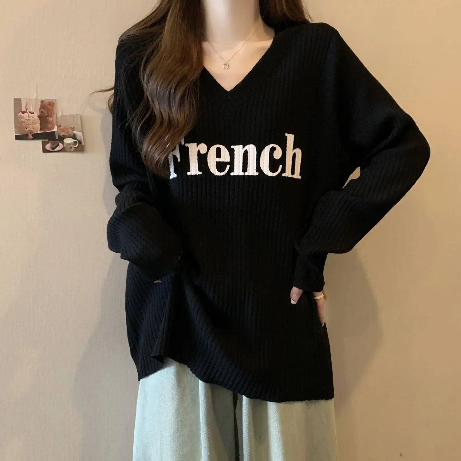 Plus Size 4XL Women's Early Autumn New T-Shirt Lazy V - Neck Loose Long - Sleeve Versatile Casual Mid - Length Fashion Top - Zeprah