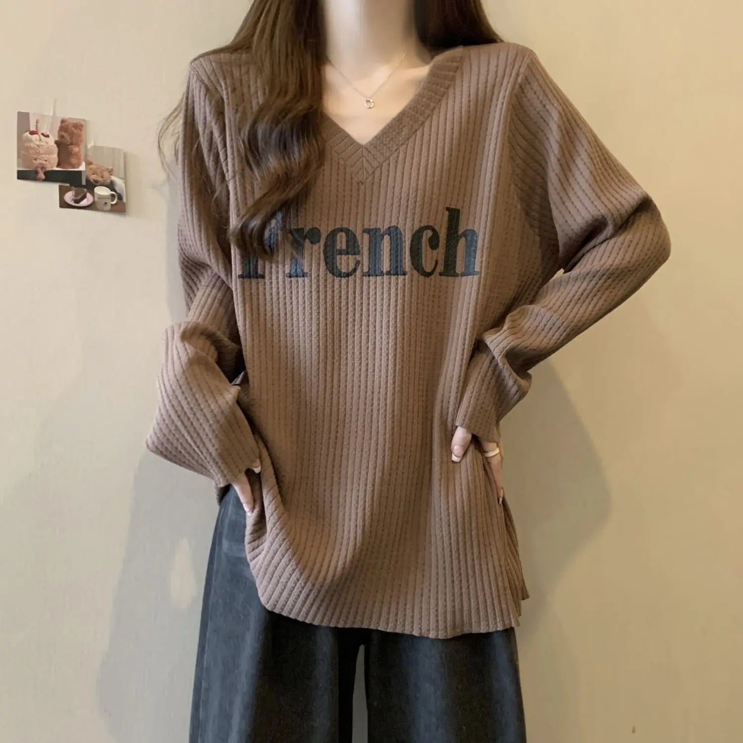 Plus Size 4XL Women's Early Autumn New T-Shirt Lazy V - Neck Loose Long - Sleeve Versatile Casual Mid - Length Fashion Top - Zeprah