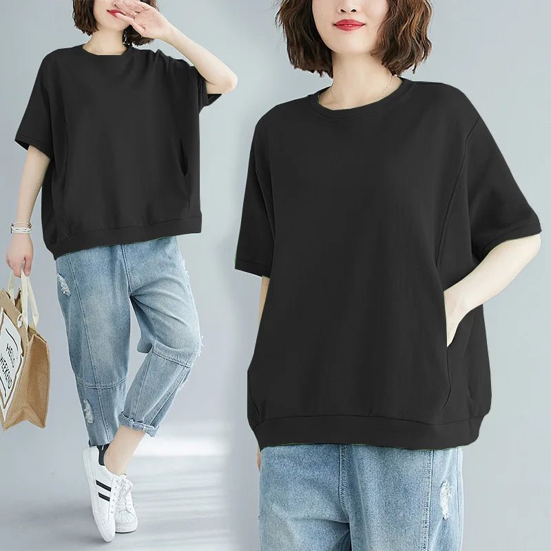 Plus Size 4XL Women's Summer Loose Solid Color Crew Neck Short Sleeve T-Shirt - Zeprah