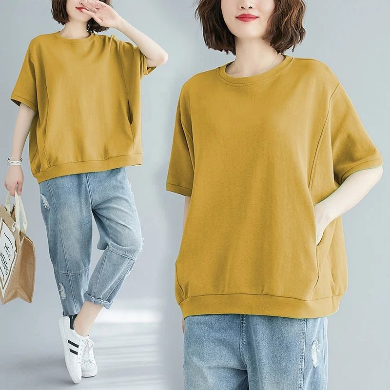 Plus Size 4XL Women's Summer Loose Solid Color Crew Neck Short Sleeve T-Shirt - Zeprah