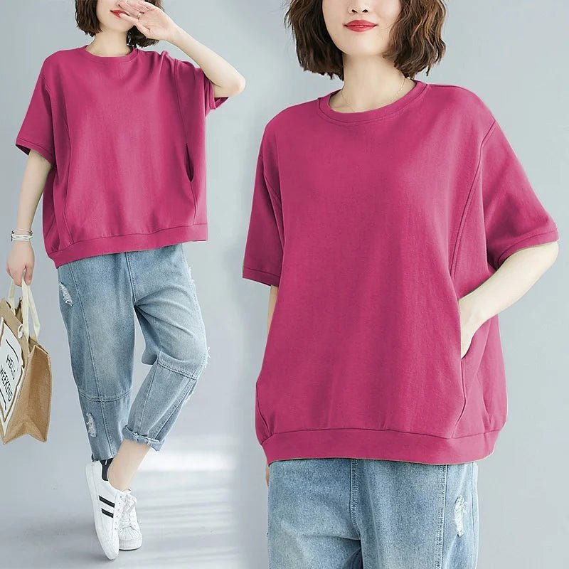 Plus Size 4XL Women's Summer Loose Solid Color Crew Neck Short Sleeve T-Shirt - Zeprah