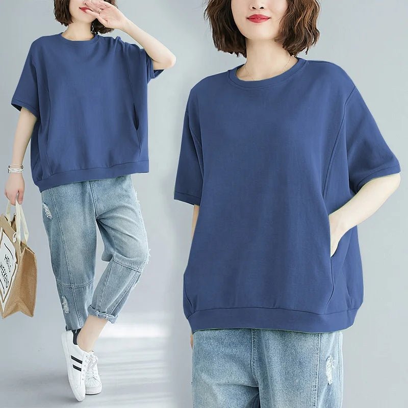 Plus Size 4XL Women's Summer Loose Solid Color Crew Neck Short Sleeve T-Shirt - Zeprah