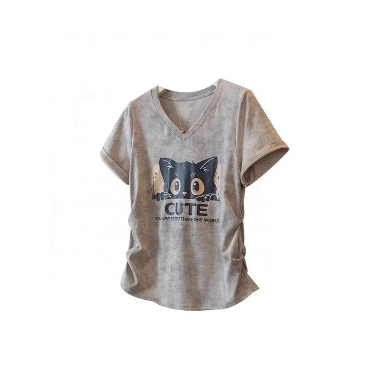 Plus Size 5XL Women's Loose New Short Sleeve Cat Print V - Neck Regular Shoulder T-Shirt Ruched Waist Curved Hem Top - Zeprah