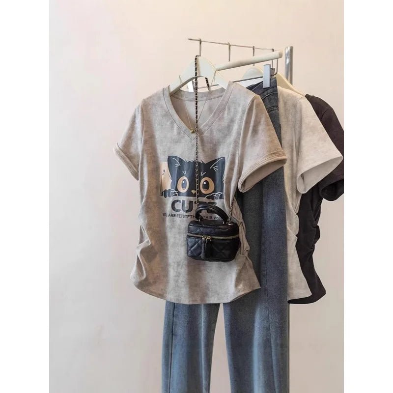 Plus Size 5XL Women's Loose New Short Sleeve Cat Print V - Neck Regular Shoulder T-Shirt Ruched Waist Curved Hem Top - Zeprah