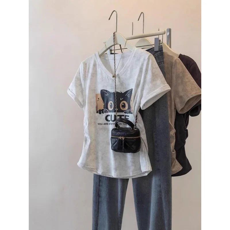 Plus Size 5XL Women's Loose New Short Sleeve Cat Print V - Neck Regular Shoulder T-Shirt Ruched Waist Curved Hem Top - Zeprah