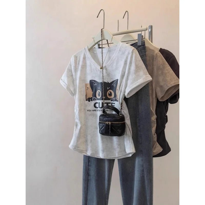 Plus Size 5XL Women's Loose New Short Sleeve Cat Print V - Neck Regular Shoulder T-Shirt Ruched Waist Curved Hem Top - Zeprah