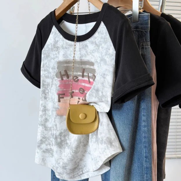 Plus Size 5XL Women's Summer Regular Shoulder Short Sleeve T-Shirt Tie - Dye Color Block Loose Slim - Fit Top - Zeprah