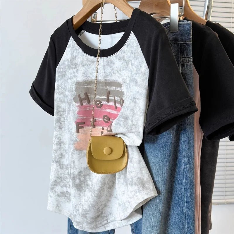 Plus Size 5XL Women's Summer Regular Shoulder Short Sleeve T-Shirt Tie - Dye Color Block Loose Slim - Fit Top - Zeprah