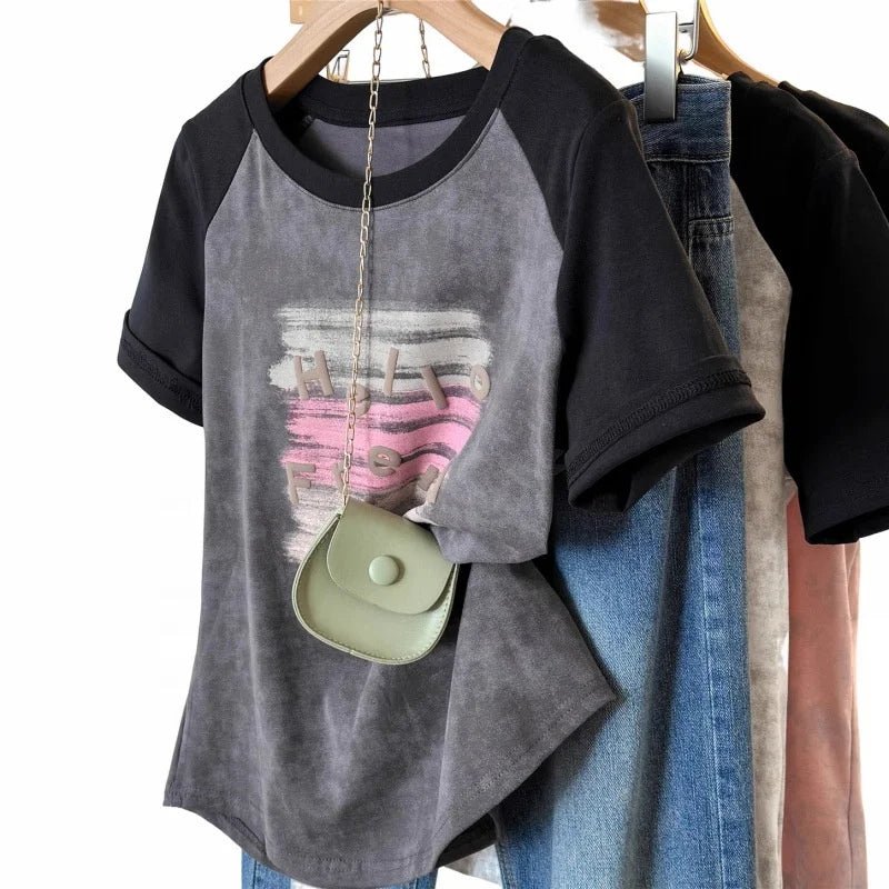 Plus Size 5XL Women's Summer Regular Shoulder Short Sleeve T-Shirt Tie - Dye Color Block Loose Slim - Fit Top - Zeprah