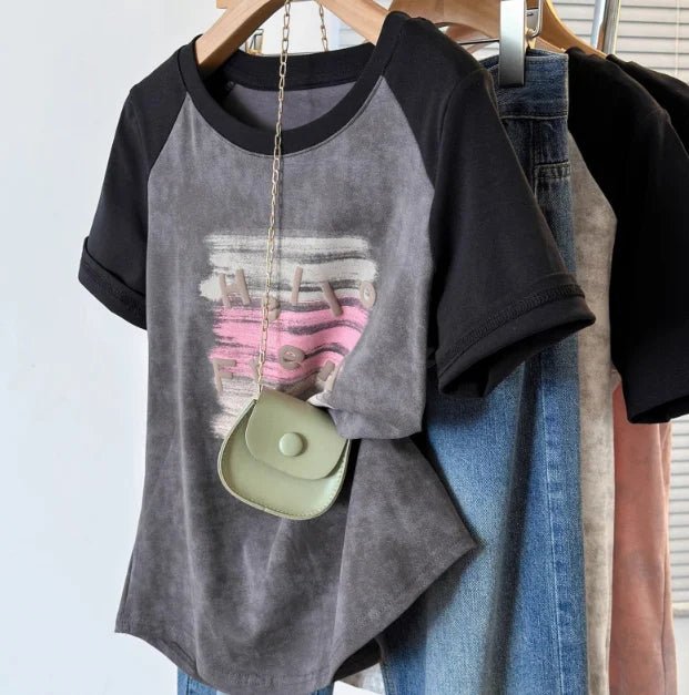 Plus Size 5XL Women's Summer Regular Shoulder Short Sleeve T-Shirt Tie - Dye Color Block Loose Slim - Fit Top - Zeprah