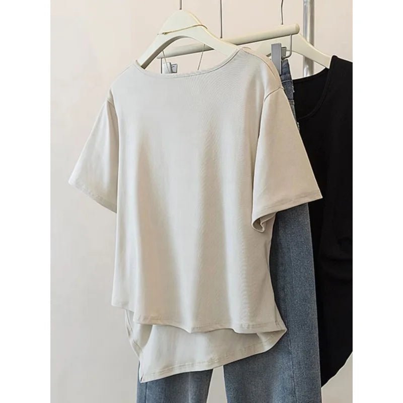 Plus Size 5XL Women's Summer Square Neck Casual Regular Shoulder Short Sleeve T-Shirt Loose Irregular Hem Top - Zeprah