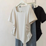 Plus Size 5XL Women's Summer Square Neck Casual Regular Shoulder Short Sleeve T-Shirt Loose Irregular Hem Top - Zeprah