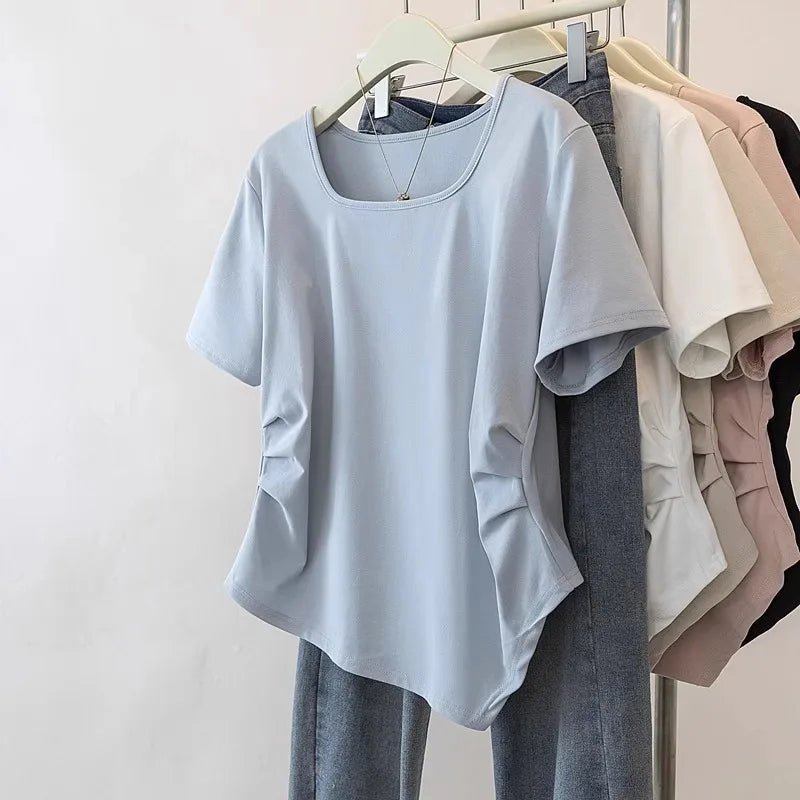 Plus Size 5XL Women's Summer Square Neck Casual Regular Shoulder Short Sleeve T-Shirt Loose Irregular Hem Top - Zeprah