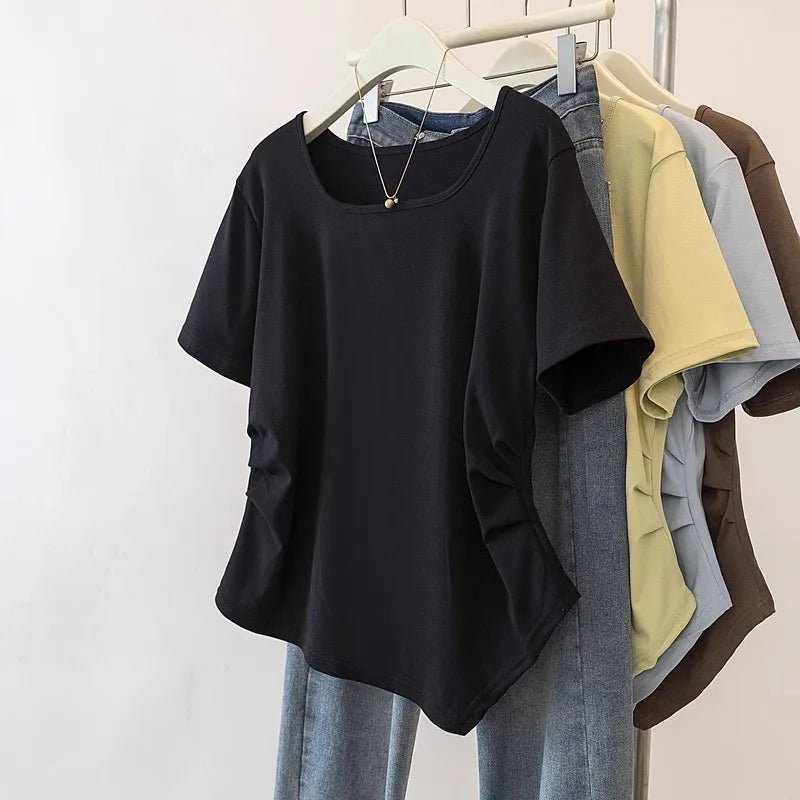 Plus Size 5XL Women's Summer Square Neck Casual Regular Shoulder Short Sleeve T-Shirt Loose Irregular Hem Top - Zeprah