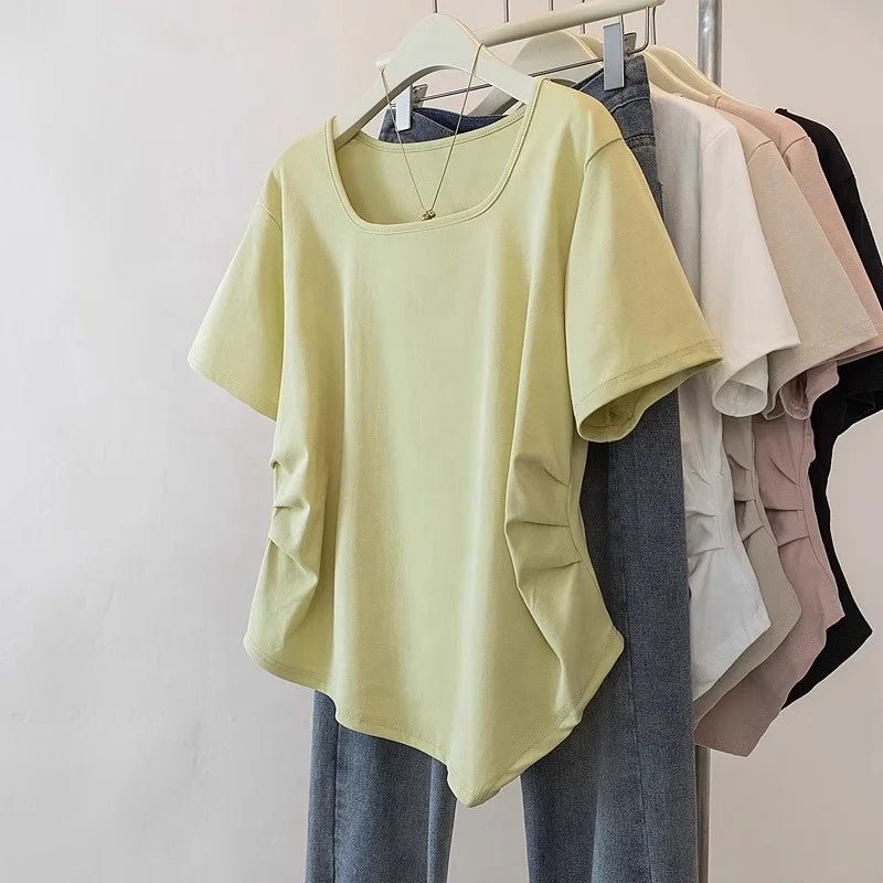 Plus Size 5XL Women's Summer Square Neck Casual Regular Shoulder Short Sleeve T-Shirt Loose Irregular Hem Top - Zeprah