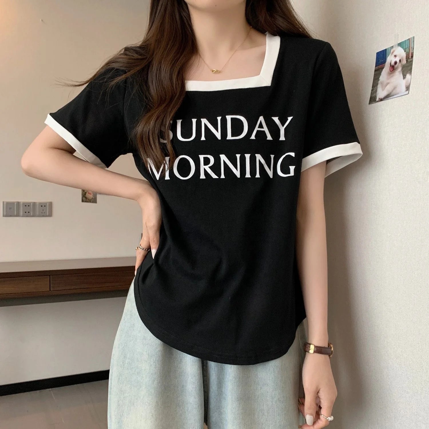 Plus Size Women's Square Collar Shoulder Short - sleeved T-shirt Women's Summer Design T-shirt - Zeprah