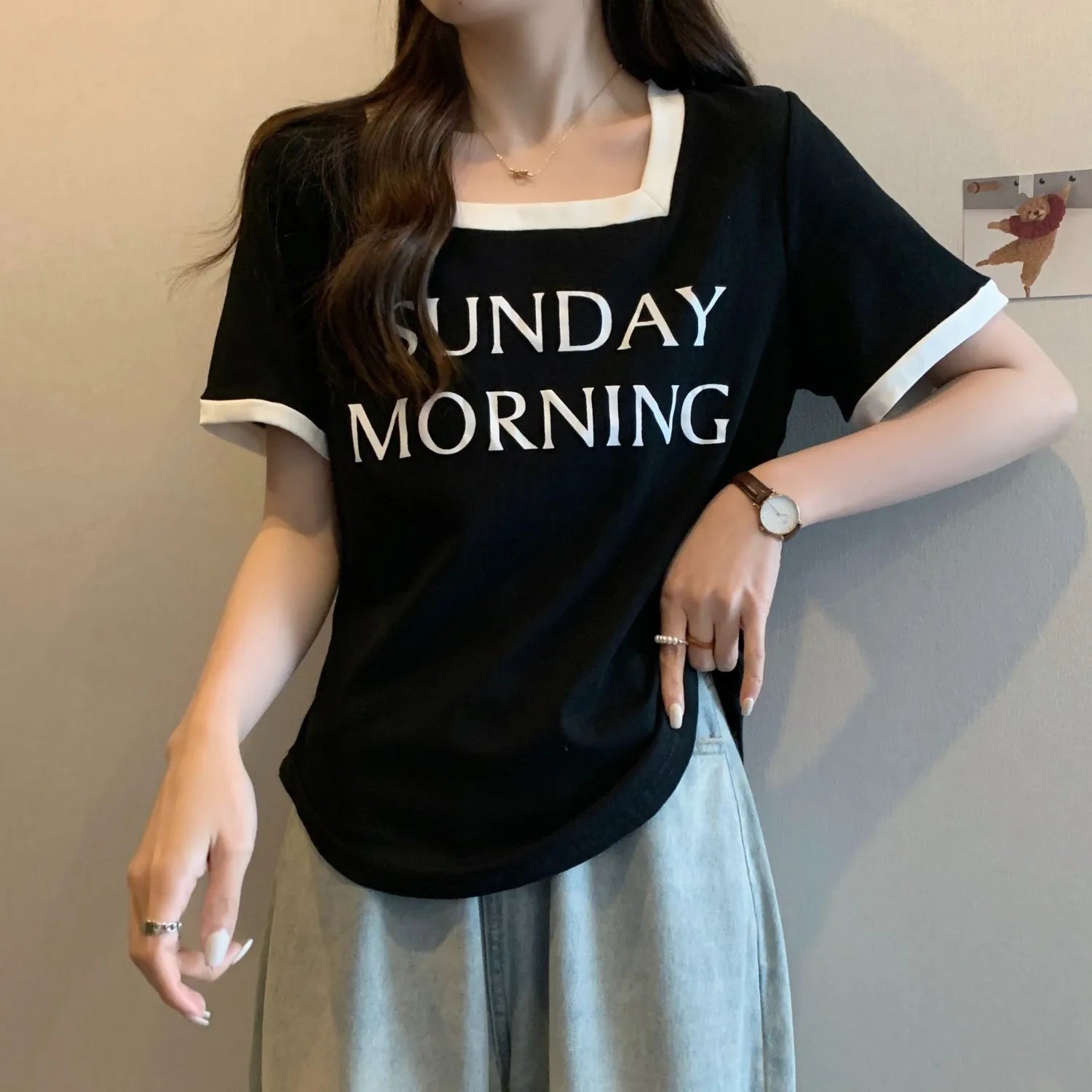 Plus Size Women's Square Collar Shoulder Short - sleeved T-shirt Women's Summer Design T-shirt - Zeprah