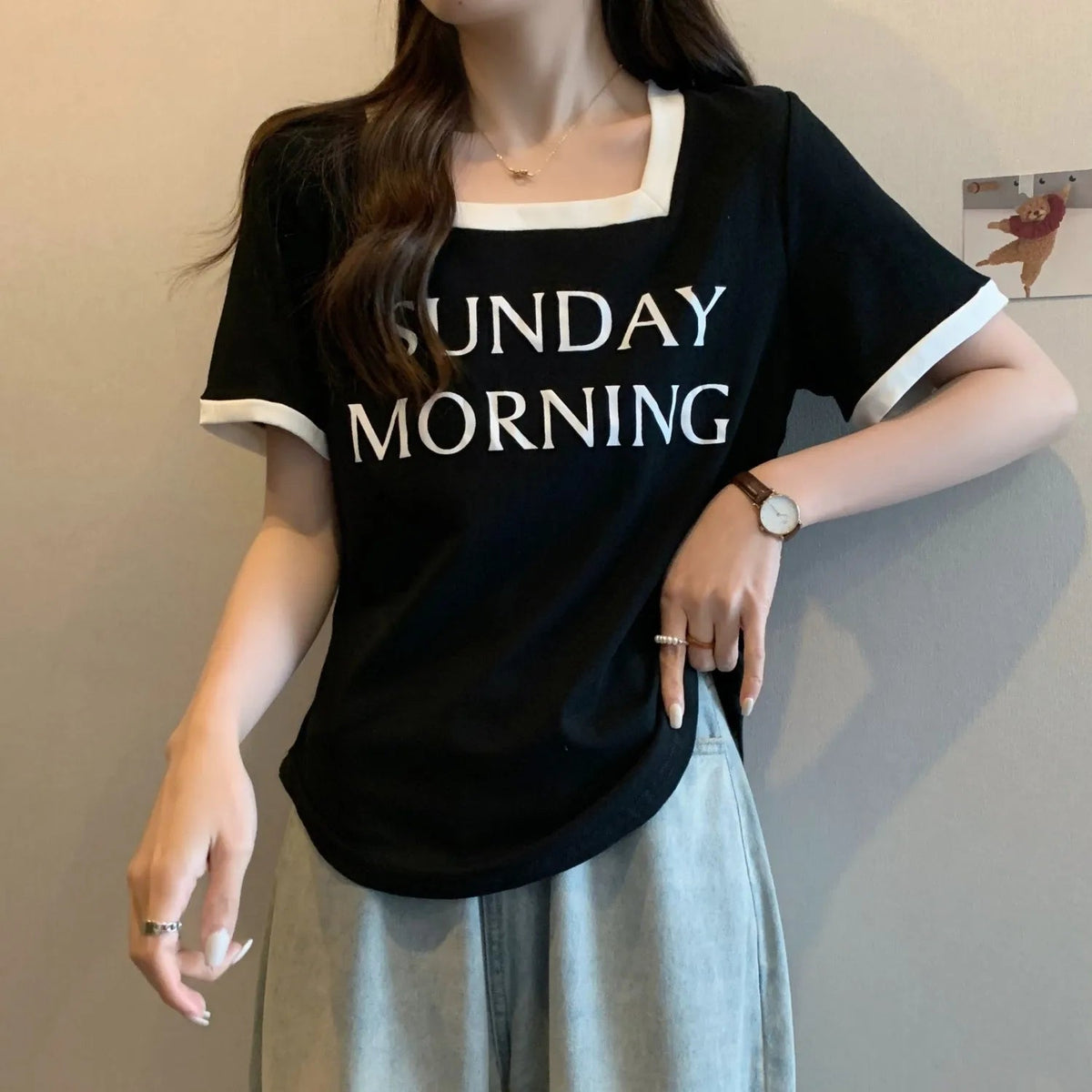 Plus Size Women's Square Collar Shoulder Short - sleeved T-shirt Women's Summer Design T-shirt - Zeprah