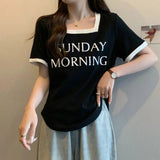 Plus Size Women's Square Collar Shoulder Short - sleeved T-shirt Women's Summer Design T-shirt - Zeprah