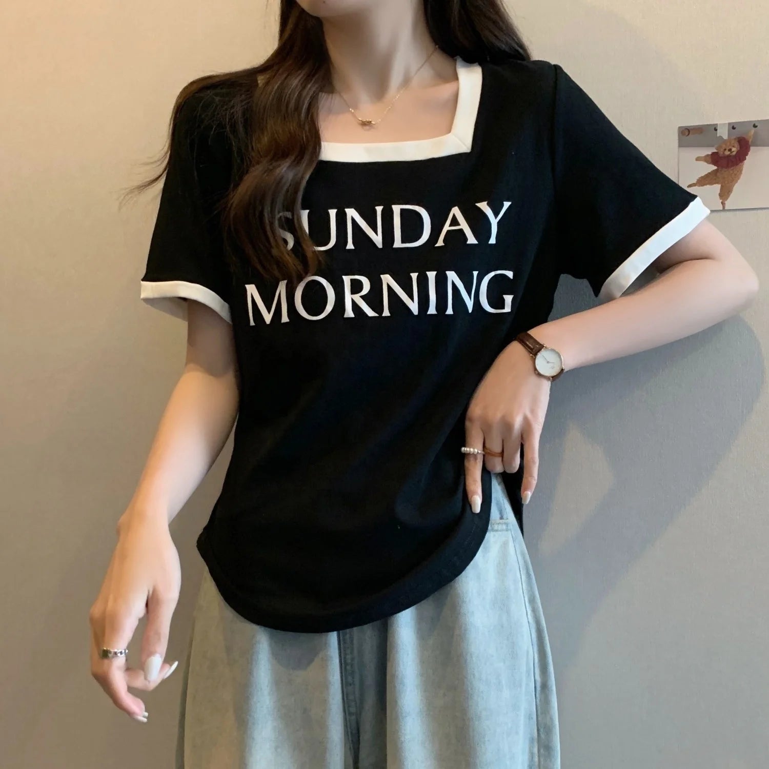 Plus Size Women's Square Collar Shoulder Short - sleeved T-shirt Women's Summer Design T-shirt - Zeprah