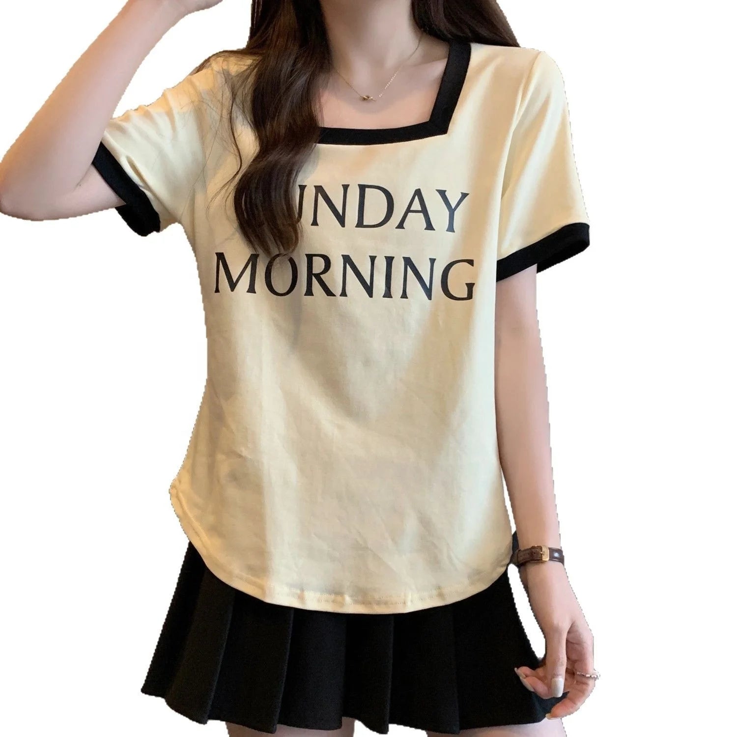 Plus Size Women's Square Collar Shoulder Short - sleeved T-shirt Women's Summer Design T-shirt - Zeprah