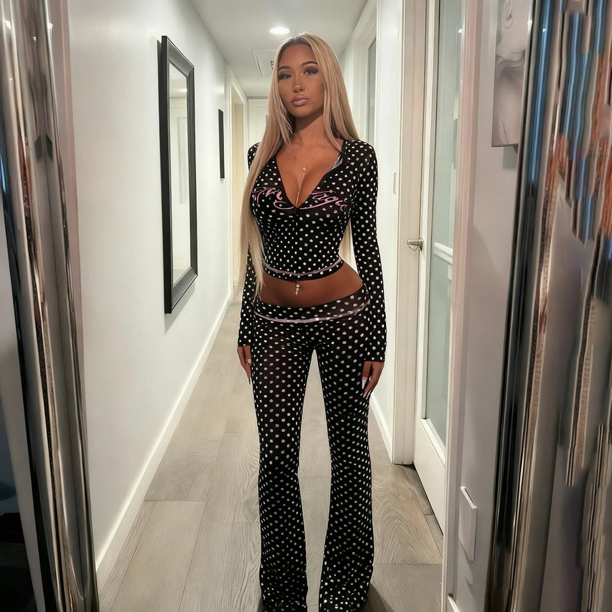 Polka Dot Casual Skinny Knitting Hooded Tracksuit 2 Piece Set Women Stretchy Zipper Hoodie Flare Pants Autumn Eco - Friendly - Zeprah