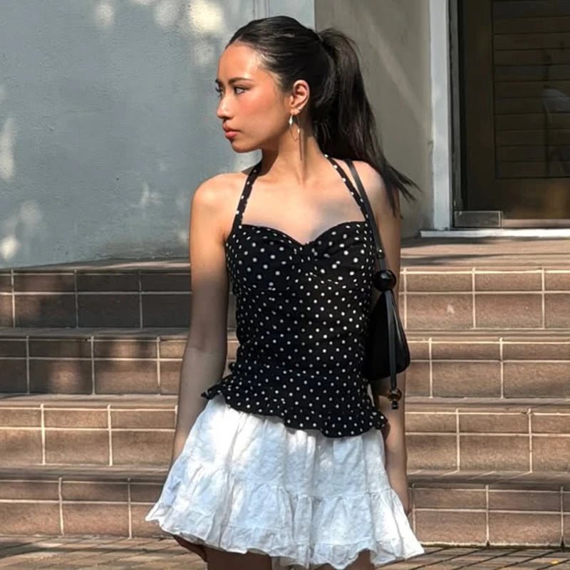 Polka Dot Color Block Halter Neck Tank Top with Sweet Lace Hem Eco - Friendly Breathable Woven Fabric Fresh Minimalist Style - Zeprah