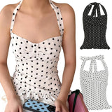 Polka Dot Color Block Halter Neck Tank Top with Sweet Lace Hem Eco - Friendly Breathable Woven Fabric Fresh Minimalist Style - Zeprah