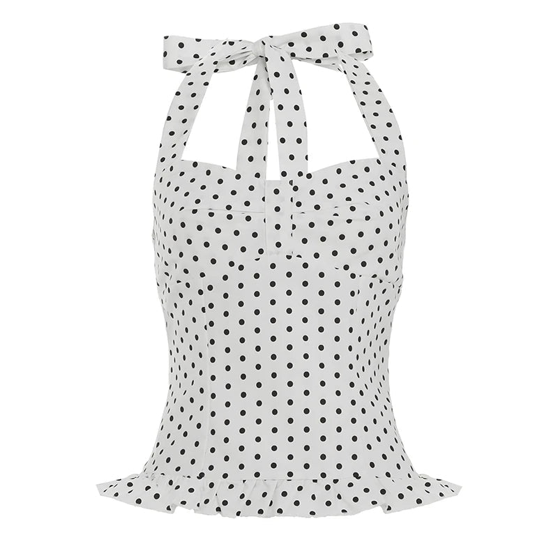 Polka Dot Color Block Halter Neck Tank Top with Sweet Lace Hem Eco - Friendly Breathable Woven Fabric Fresh Minimalist Style - Zeprah