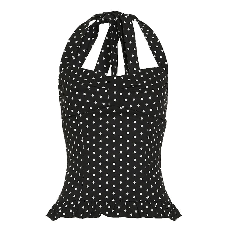 Polka Dot Color Block Halter Neck Tank Top with Sweet Lace Hem Eco - Friendly Breathable Woven Fabric Fresh Minimalist Style - Zeprah