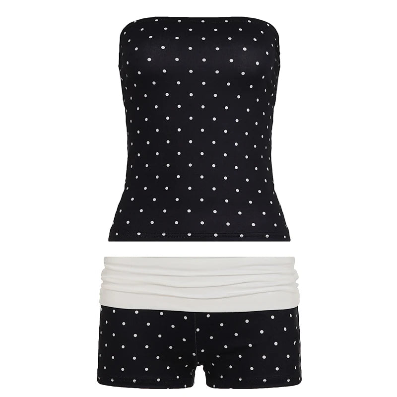 Polka Dot Two - Piece Set Sleeveless Bustier Top Knee Short Knitting Stretch Leggings Summer Sexy Regular Eco - Friendly Breathable - Zeprah