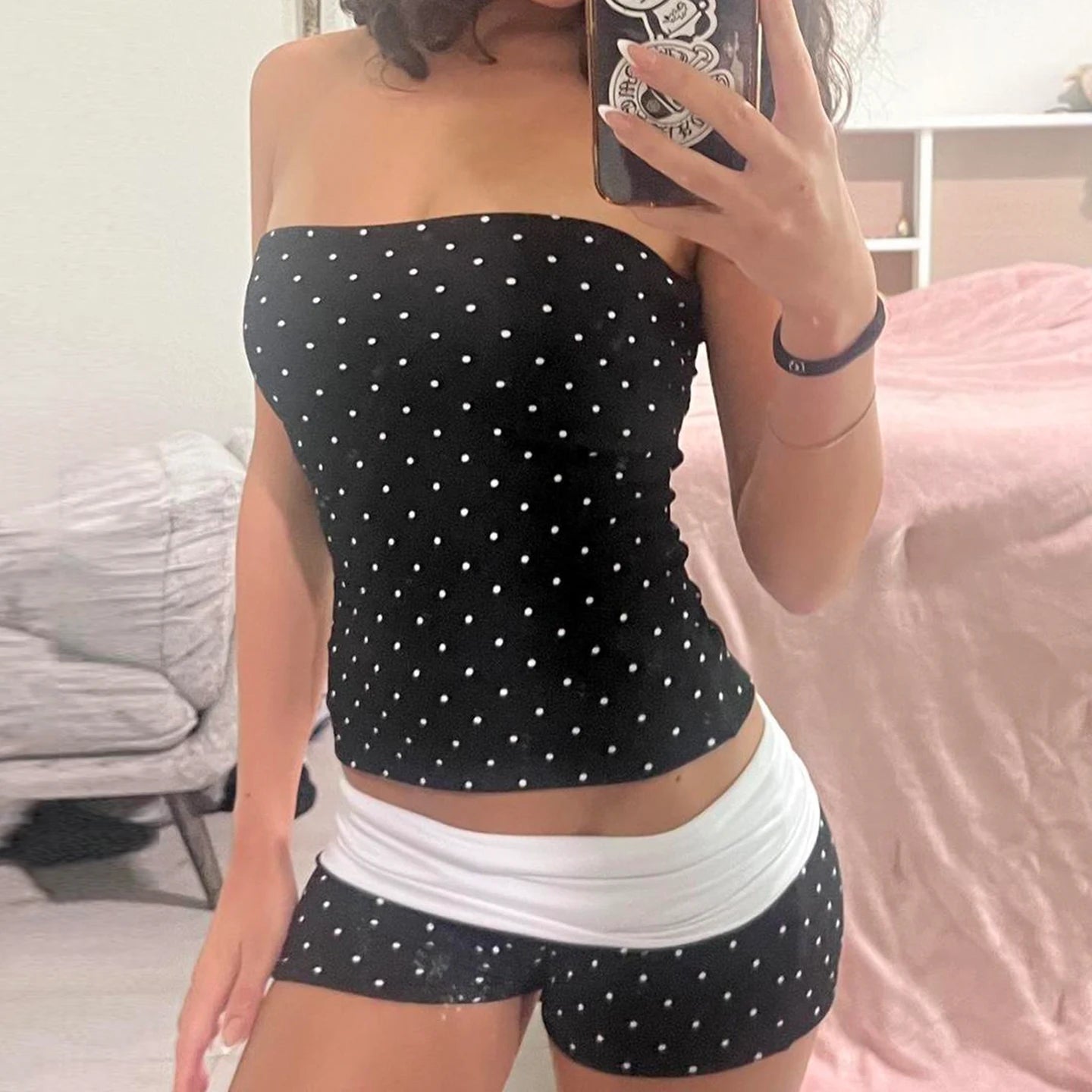 Polka Dot Two - Piece Set Sleeveless Bustier Top Knee Short Knitting Stretch Leggings Summer Sexy Regular Eco - Friendly Breathable - Zeprah