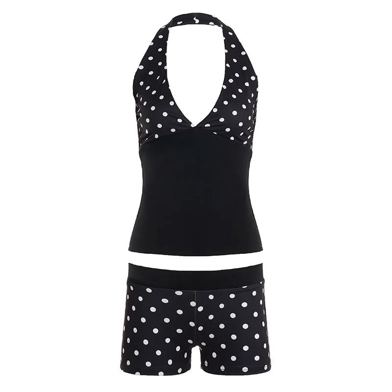 Polka Dot Women's Summer Two - Piece Casual Knit Set with Above Knee Skinny Shorts Halter Tie Top Eco - Friendly Breathable Fabric - Zeprah