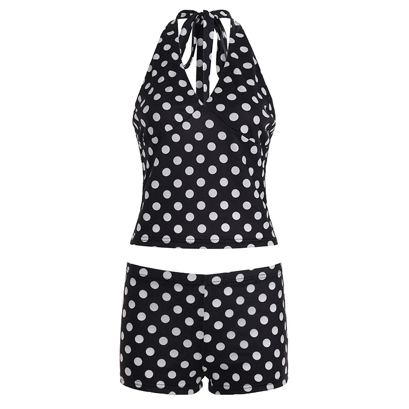 Polka Dot Women's Summer Two - Piece Casual Knit Set with Above Knee Skinny Shorts Halter Tie Top Eco - Friendly Breathable Fabric - Zeprah